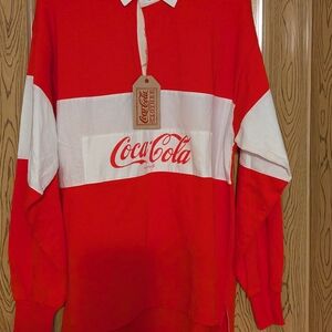 New With Tags Coca-Cola Red and White Sleeve  Rugby Polo Style Shirt Size Medium